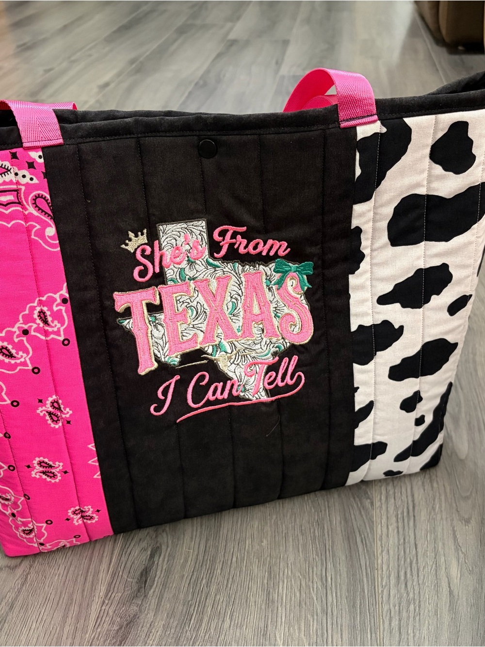 Embroidered Texas Quilted Tote Bag in Pink, Black & White